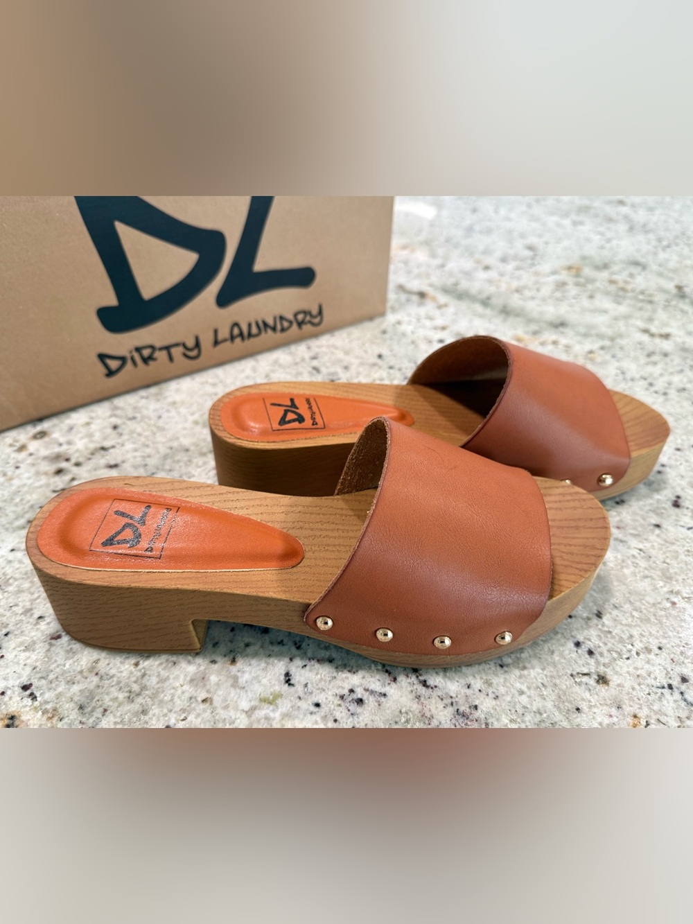 Dirty Laundry Cognac Brown Leather Stud Clog Mules